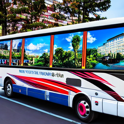 279_a bus with a view of a lot of traffic and the back of another bus with a billboard on the back end.png